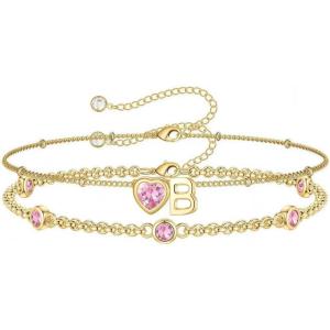 Turandoss Easter Gifts for Kids Teen Girls – 14K Gold Plated Initial Heart Charm Birthstone Bracelets Easter Basket Stuffers for Daughter Toddler Teens Her Mom Girlfriend Wife Jewelry Birthday Gifts(10-Lab Pink Tourmaline-B)
