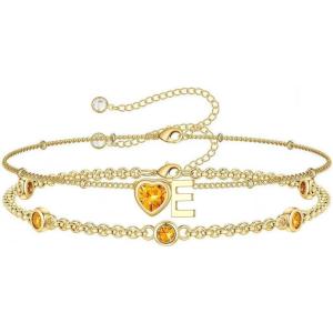 Turandoss Easter Gifts for Kids Teen Girls – 14K Gold Plated Initial Heart Charm Birthstone Bracelets Easter Basket Stuffers for Daughter Toddler Teens Her Mom Girlfriend Wife Jewelry Birthday Gifts(11-Lab Citrine-E)