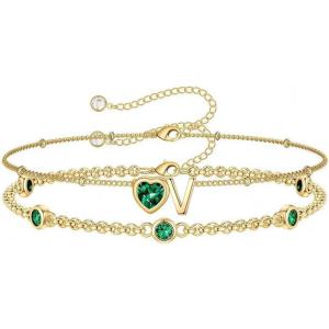 Turandoss Easter Gifts for Kids Teen Girls – 14K Gold Plated Initial Heart Charm Birthstone Bracelets Easter Basket Stuffers for Daughter Toddler Teens Her Mom Girlfriend Wife Jewelry Birthday Gifts(05-Lab Emerald-V)