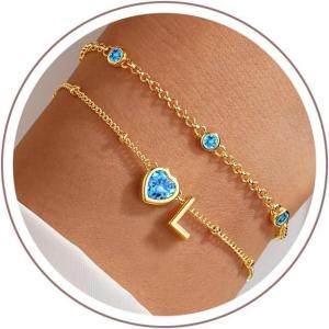 Turandoss Easter Gifts for Kids Teen Girls – 14K Gold Plated Initial Heart Charm Birthstone Bracelets Easter Basket Stuffers for Daughter Toddler Teens Her Mom Girlfriend Wife Jewelry Birthday Gifts(03-Lab Aquamarine-L)