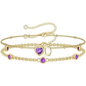 Turandoss Easter Gifts for Kids Teen Girls – 14K Gold Plated Initial Heart Charm Birthstone Bracelets Easter Basket Stuffers for Daughter Toddler Teens Her Mom Girlfriend Wife Jewelry Birthday Gifts(02-Lab Amethyst-D)