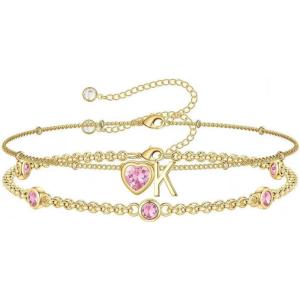 Turandoss Easter Gifts for Kids Teen Girls – 14K Gold Plated Initial Heart Charm Birthstone Bracelets Easter Basket Stuffers for Daughter Toddler Teens Her Mom Girlfriend Wife Jewelry Birthday Gifts(10-Lab Pink Tourmaline-K)