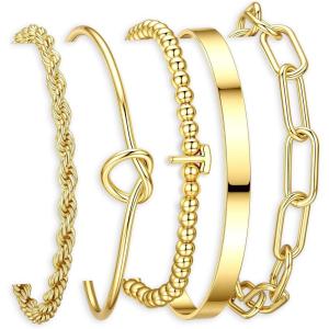Turandoss Easter Gifts for Women Trendy, Dainty 5PCS 14K Gold Plated Initial A-Z Beaded Stretch Letter Bracelet Cuff Tie Knot Twisted Paperclip Bracelet Set Stack Jewelry Easter Gifts for Women Girls(T)