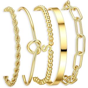 Turandoss Easter Gifts for Women Trendy, Dainty 5PCS 14K Gold Plated Initial A-Z Beaded Stretch Letter Bracelet Cuff Tie Knot Twisted Paperclip Bracelet Set Stack Jewelry Easter Gifts for Women Girls(S)