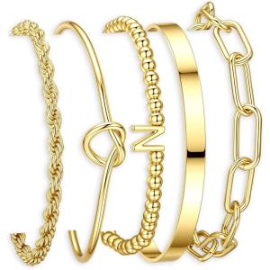 Turandoss Easter Gifts for Women Trendy, Dainty 5PCS 14K Gold Plated Initial A-Z Beaded Stretch Letter Bracelet Cuff Tie Knot Twisted Paperclip Bracelet Set Stack Jewelry Easter Gifts for Women Girls(N)