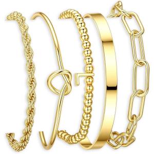 Turandoss Easter Gifts for Women Trendy, Dainty 5PCS 14K Gold Plated Initial A-Z Beaded Stretch Letter Bracelet Cuff Tie Knot Twisted Paperclip Bracelet Set Stack Jewelry Easter Gifts for Women Girls(L)
