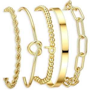 Turandoss Easter Gifts for Women Trendy, Dainty 5PCS 14K Gold Plated Initial A-Z Beaded Stretch Letter Bracelet Cuff Tie Knot Twisted Paperclip Bracelet Set Stack Jewelry Easter Gifts for Women Girls(P)