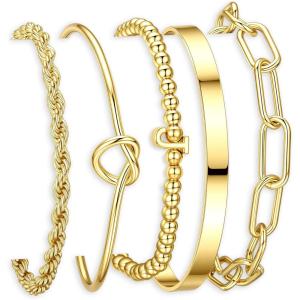 Turandoss Easter Gifts for Women Trendy, Dainty 5PCS 14K Gold Plated Initial A-Z Beaded Stretch Letter Bracelet Cuff Tie Knot Twisted Paperclip Bracelet Set Stack Jewelry Easter Gifts for Women Girls(J)