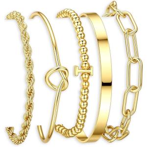Turandoss Easter Gifts for Women Trendy, Dainty 5PCS 14K Gold Plated Initial A-Z Beaded Stretch Letter Bracelet Cuff Tie Knot Twisted Paperclip Bracelet Set Stack Jewelry Easter Gifts for Women Girls(I)