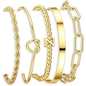 Turandoss Easter Gifts for Women Trendy, Dainty 5PCS 14K Gold Plated Initial A-Z Beaded Stretch Letter Bracelet Cuff Tie Knot Twisted Paperclip Bracelet Set Stack Jewelry Easter Gifts for Women Girls(Z)