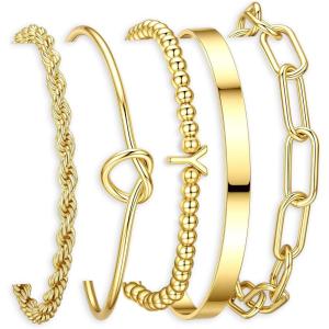 Turandoss Easter Gifts for Women Trendy, Dainty 5PCS 14K Gold Plated Initial A-Z Beaded Stretch Letter Bracelet Cuff Tie Knot Twisted Paperclip Bracelet Set Stack Jewelry Easter Gifts for Women Girls(Y)