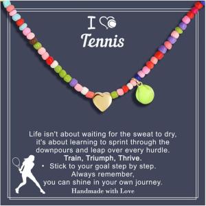 Turandoss Easter Softball/Soccer Volleyball Basketball Necklace for Kids Girls, Colorful Beaded Dainty Heart Pendant, Inspirational Sport Jewelry, Easter Basket Stuffers Gifts for Kids Teens(Tennis)