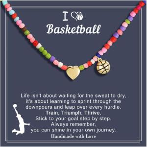 Turandoss Easter Softball/Soccer Volleyball Basketball Necklace for Kids Girls, Colorful Beaded Dainty Heart Pendant, Inspirational Sport Jewelry, Easter Basket Stuffers Gifts for Kids Teens(Basketball)