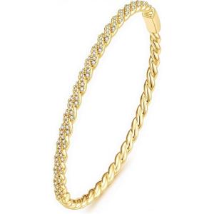 Turandoss Gold Bangle Bracelets for Women – Dainty 14K Gold Plated Cubic Zirconia Bangle Bracelet Personalized Tennis Bracelets for Women Trendy Dainty Oval Cuff Bracelet for Her(Half CZ Bangle – Twisted Tennis)