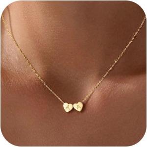 Turandoss Heart Initial Necklaces for Women – 14K Gold Plated Dainty 2 Heart Letter pendant Necklace Trendy Personalized Jewelry Birthday Gifts for Women Teen Girls(AA.)