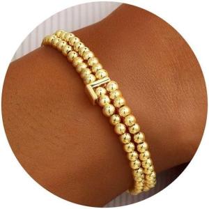Turandoss Initial Beaded Bracelet for Women – 14K Gold Plated Letter A-Z Bead Bracelet Dainty Stretch Stackable Friendship Bracelets for Women Personalized Jewelry Gifts(L)