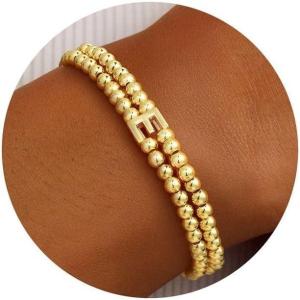 Turandoss Initial Beaded Bracelet for Women – 14K Gold Plated Letter A-Z Bead Bracelet Dainty Stretch Stackable Friendship Bracelets for Women Personalized Jewelry Gifts(E)