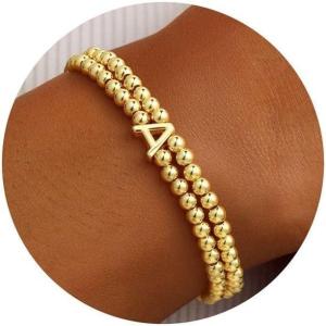 Turandoss Initial Beaded Bracelet for Women – 14K Gold Plated Letter A-Z Bead Bracelet Dainty Stretch Stackable Friendship Bracelets for Women Personalized Jewelry Gifts(Y)