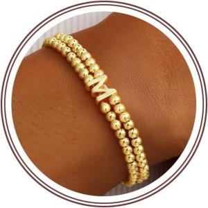 Turandoss Initial Beaded Bracelet for Women – 14K Gold Plated Letter A-Z Bead Bracelet Dainty Stretch Stackable Friendship Bracelets for Women Personalized Jewelry Gifts(M)