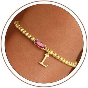 Turandoss Initial Birthstone Bracelet for Women Girls – Dainty 14K Gold Plated Letter A-Z Dainty Stackable Round Beaded Ball Birthstone Bracelet for Women Birthday Jewelry Gifts(01-L-Lab Garnet)