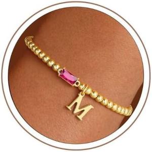 Turandoss Initial Birthstone Bracelet for Women Girls – Dainty 14K Gold Plated Letter A-Z Dainty Stackable Round Beaded Ball Birthstone Bracelet for Women Birthday Jewelry Gifts(07-M-Lab Ruby)