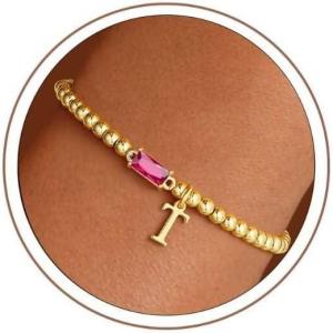 Turandoss Initial Birthstone Bracelet for Women Girls – Dainty 14K Gold Plated Letter A-Z Dainty Stackable Round Beaded Ball Birthstone Bracelet for Women Birthday Jewelry Gifts(07-T-Lab Ruby)