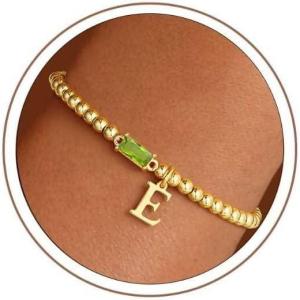 Turandoss Initial Birthstone Bracelet for Women Girls – Dainty 14K Gold Plated Letter A-Z Dainty Stackable Round Beaded Ball Birthstone Bracelet for Women Birthday Jewelry Gifts(08-E-Lab Peridot)