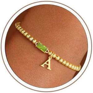 Turandoss Initial Birthstone Bracelet for Women Girls – Dainty 14K Gold Plated Letter A-Z Dainty Stackable Round Beaded Ball Birthstone Bracelet for Women Birthday Jewelry Gifts(08-A-Lab Peridot)
