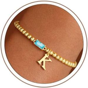 Turandoss Initial Birthstone Bracelet for Women Girls – Dainty 14K Gold Plated Letter A-Z Dainty Stackable Round Beaded Ball Birthstone Bracelet for Women Birthday Jewelry Gifts(03-K-Lab Aquamarine)