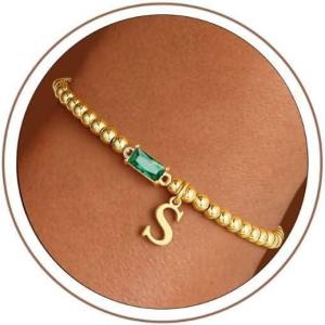Turandoss Initial Birthstone Bracelet for Women Girls – Dainty 14K Gold Plated Letter A-Z Dainty Stackable Round Beaded Ball Birthstone Bracelet for Women Birthday Jewelry Gifts(05-S-Lab Emerald)