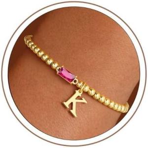 Turandoss Initial Birthstone Bracelet for Women Girls – Dainty 14K Gold Plated Letter A-Z Dainty Stackable Round Beaded Ball Birthstone Bracelet for Women Birthday Jewelry Gifts(07-K-Lab Ruby)