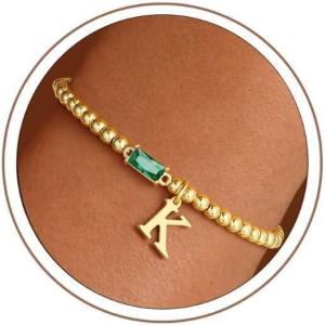 Turandoss Initial Birthstone Bracelet for Women Girls – Dainty 14K Gold Plated Letter A-Z Dainty Stackable Round Beaded Ball Birthstone Bracelet for Women Birthday Jewelry Gifts(05-K-Lab Emerald)