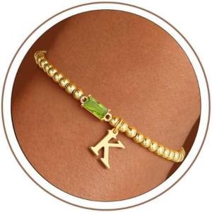 Turandoss Initial Birthstone Bracelet for Women Girls – Dainty 14K Gold Plated Letter A-Z Dainty Stackable Round Beaded Ball Birthstone Bracelet for Women Birthday Jewelry Gifts(08-K-Lab Peridot)