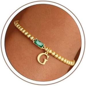 Turandoss Initial Birthstone Bracelet for Women Girls – Dainty 14K Gold Plated Letter A-Z Dainty Stackable Round Beaded Ball Birthstone Bracelet for Women Birthday Jewelry Gifts(05-G-Lab Emerald)