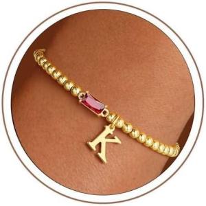 Turandoss Initial Birthstone Bracelet for Women Girls – Dainty 14K Gold Plated Letter A-Z Dainty Stackable Round Beaded Ball Birthstone Bracelet for Women Birthday Jewelry Gifts(01-K-Lab Garnet)