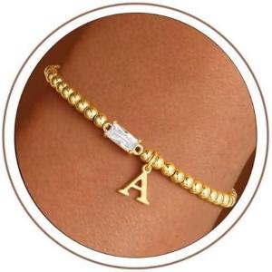 Turandoss Initial Birthstone Bracelet for Women Girls – Dainty 14K Gold Plated Letter A-Z Dainty Stackable Round Beaded Ball Birthstone Bracelet for Women Birthday Jewelry Gifts(04-A-Lab Daimond)