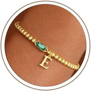Turandoss Initial Birthstone Bracelet for Women Girls – Dainty 14K Gold Plated Letter A-Z Dainty Stackable Round Beaded Ball Birthstone Bracelet for Women Birthday Jewelry Gifts(05-E-Lab Emerald)