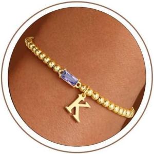 Turandoss Initial Birthstone Bracelet for Women Girls – Dainty 14K Gold Plated Letter A-Z Dainty Stackable Round Beaded Ball Birthstone Bracelet for Women Birthday Jewelry Gifts(06-K-Lab Alexandrite)