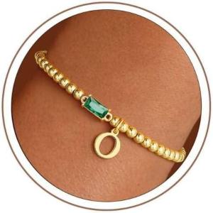 Turandoss Initial Birthstone Bracelet for Women Girls – Dainty 14K Gold Plated Letter A-Z Dainty Stackable Round Beaded Ball Birthstone Bracelet for Women Birthday Jewelry Gifts(05-O-Lab Emerald)