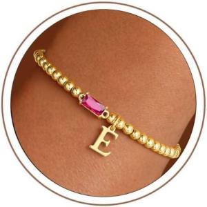 Turandoss Initial Birthstone Bracelet for Women Girls – Dainty 14K Gold Plated Letter A-Z Dainty Stackable Round Beaded Ball Birthstone Bracelet for Women Birthday Jewelry Gifts(07-E-Lab Ruby)