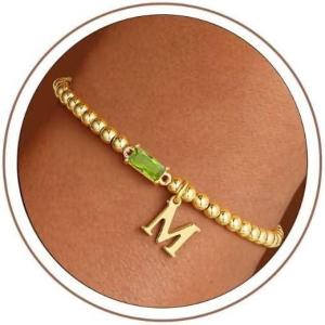 Turandoss Initial Birthstone Bracelet for Women Girls – Dainty 14K Gold Plated Letter A-Z Dainty Stackable Round Beaded Ball Birthstone Bracelet for Women Birthday Jewelry Gifts(08-M-Lab Peridot)