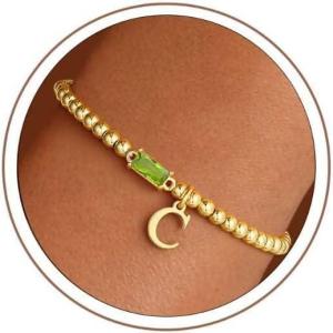 Turandoss Initial Birthstone Bracelet for Women Girls – Dainty 14K Gold Plated Letter A-Z Dainty Stackable Round Beaded Ball Birthstone Bracelet for Women Birthday Jewelry Gifts(08-C-Lab Peridot)