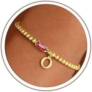 Turandoss Initial Birthstone Bracelet for Women Girls – Dainty 14K Gold Plated Letter A-Z Dainty Stackable Round Beaded Ball Birthstone Bracelet for Women Birthday Jewelry Gifts(01-O-Lab Garnet)