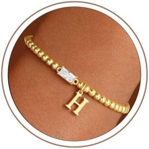 Turandoss Initial Birthstone Bracelet for Women Girls – Dainty 14K Gold Plated Letter A-Z Dainty Stackable Round Beaded Ball Birthstone Bracelet for Women Birthday Jewelry Gifts(04-H-Lab Daimond)