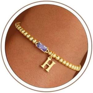 Turandoss Initial Birthstone Bracelet for Women Girls – Dainty 14K Gold Plated Letter A-Z Dainty Stackable Round Beaded Ball Birthstone Bracelet for Women Birthday Jewelry Gifts(06-H-Lab Alexandrite)