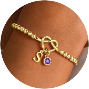 Turandoss Knot Birthstone Initial Beaded Bracelets for Women – 14K Gold Plated Letter Beaded Bracelet Dainty Love Knot 12 Month Birthstone Bracelets Bridesmaid Birthday Gifts Jewelry(Feb-Amethyst)