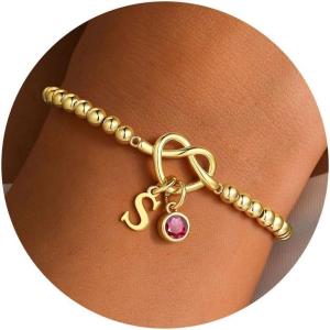 Turandoss Knot Birthstone Initial Beaded Bracelets for Women – 14K Gold Plated Letter Beaded Bracelet Dainty Love Knot 12 Month Birthstone Bracelets Bridesmaid Birthday Gifts Jewelry(Jul-Ruby)