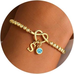 Turandoss Knot Birthstone Initial Beaded Bracelets for Women – 14K Gold Plated Letter Beaded Bracelet Dainty Love Knot 12 Month Birthstone Bracelets Bridesmaid Birthday Gifts Jewelry(Mar-Aquamarine)