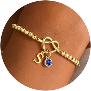 Turandoss Knot Birthstone Initial Beaded Bracelets for Women – 14K Gold Plated Letter Beaded Bracelet Dainty Love Knot 12 Month Birthstone Bracelets Bridesmaid Birthday Gifts Jewelry(Sep-Sapphire)