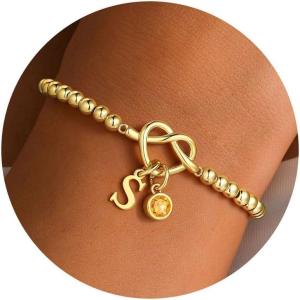 Turandoss Knot Birthstone Initial Beaded Bracelets for Women – 14K Gold Plated Letter Beaded Bracelet Dainty Love Knot 12 Month Birthstone Bracelets Bridesmaid Birthday Gifts Jewelry(Nov-Citrine)